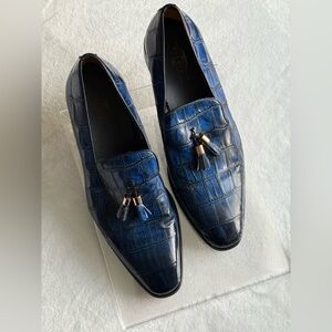 HANMCE Men's Blue Crocodile Pattern Loafers